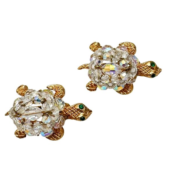 Turtle 50s Clip-On Earrings Gold Tone Green Clear Rhinestone Vintage Design - Picture 1 of 8